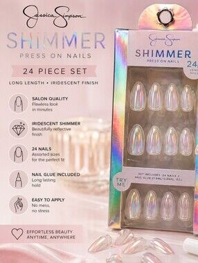 Jessica Simpson Shimmer Press On Nails 24pc Long Iridescent Jelly Finish w/ Glue